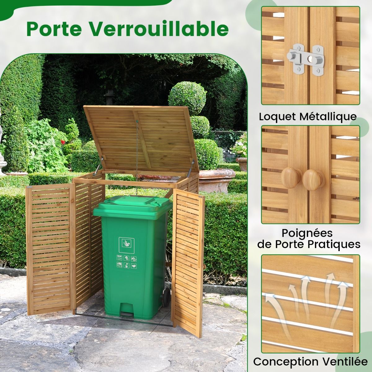 120L Wooden Trash Can Shed Outdoor Tool Shed with Openable Lid Double Doors Natural Locking Latch - - Image 5