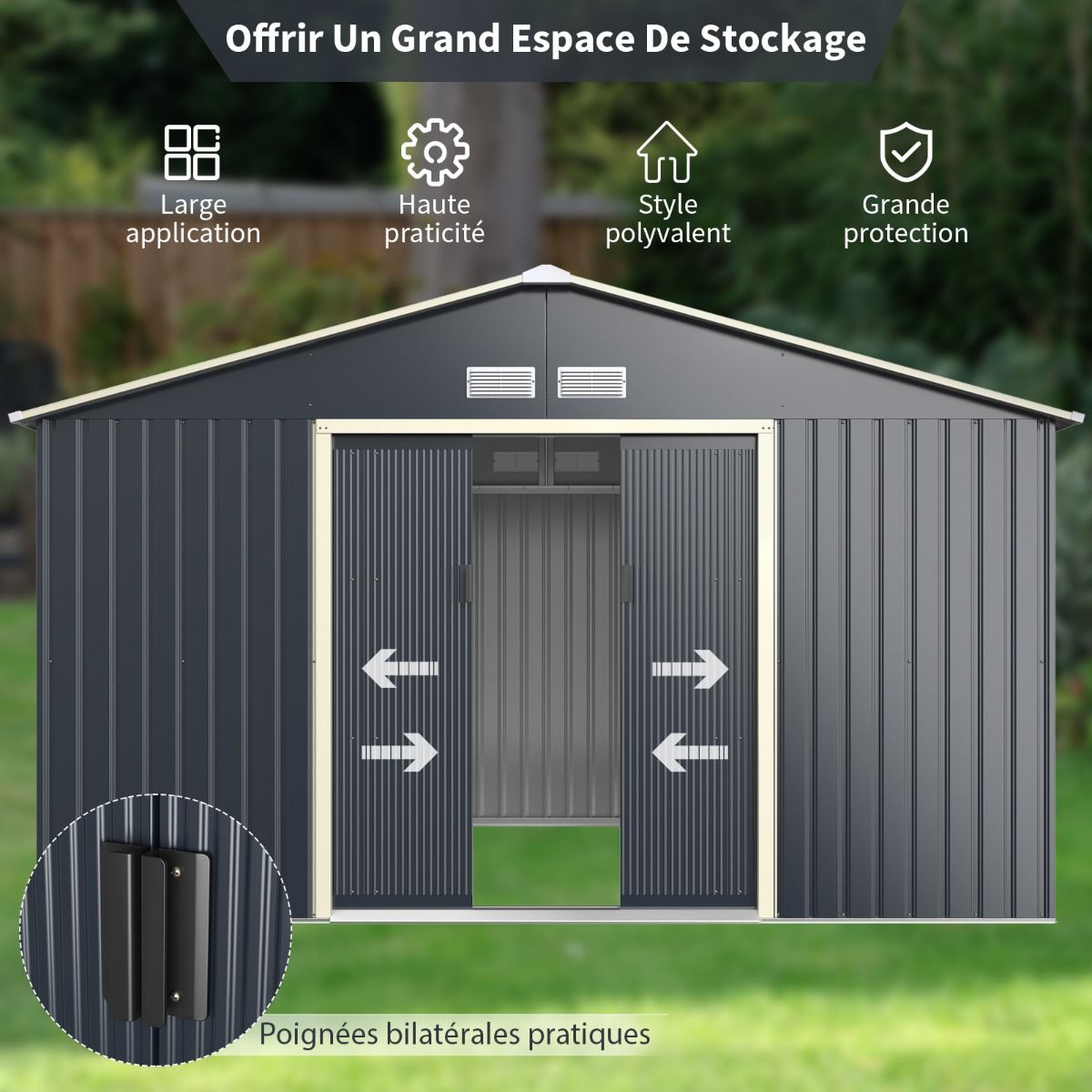 Metal Garden Shed 8.67 340 x 255 x 210 cm with 2 Lockable Sliding Doors 4 Ventilation Holes Gray for Bicycle - - Image 8